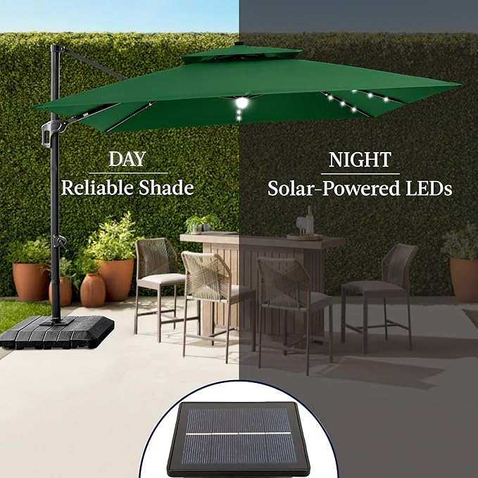 Best Choice Products 9x12ft LED Cantilever Patio Umbrella w/Base Included & 360° Rotation, Large Solar Offset Hanging Outdoor Sun Shade for Deck, Backyard Table w/Stand & Lights – Green