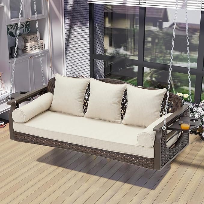 3 Seat Porch Swing, Wicker Patio Swing with Cup Holders & 3 Back Cushions, Yard Swing with Chains for Deck Garden Backyard,Brown Rattan, Beige Cushion, 56-inch