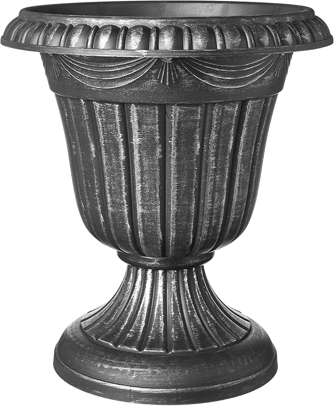 Arcadia Garden Products PL00SL Classic Traditional Plastic Urn Planter, Indoor/Outdoor Garden Plant Pot Garden Décor, 16” x 18”, Brushed Silver