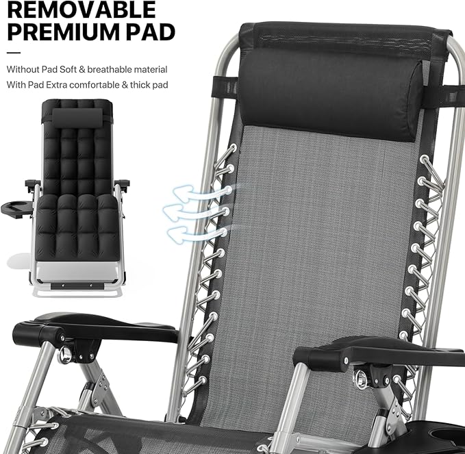MoNiBloom Reinforced Zero Gravity Chair, Folding Pool Beach Lounger, Portable Tanning Chaise with Cushion, Headrest and Side Tray, 330lbs Capacity - Black