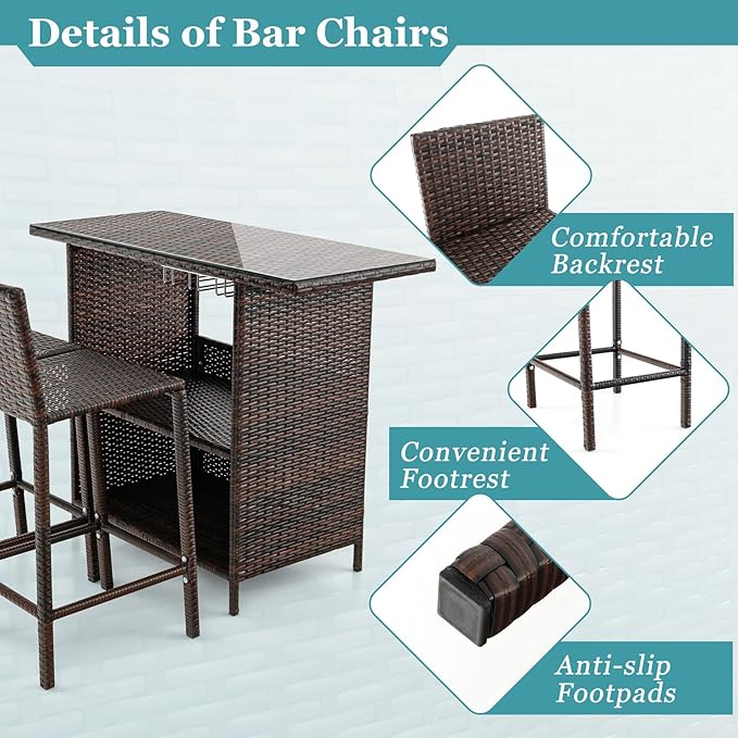 Tangkula Outdoor Bar Set, 3 Pieces Patio Wicker Bar Height Table and Chair Set with 3 Rows Stemware Racks, Hidden Storage Shelf, Tempered Glass Tabletop, 2 Stools for Backyard, Poolside (Mix Brown)