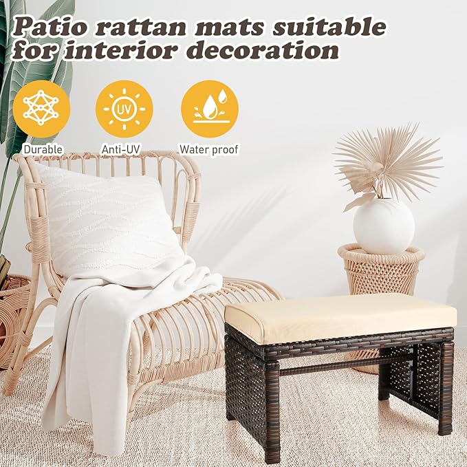 2 Pcs Patio Rattan Ottomans Outdoor Wicker Ottomans Patio Footstool Footrest with Removable Cushion Soft Zippered Cushions Function Footstool Seat Table for Backyard Balcony Poolside(Beige, Brown)