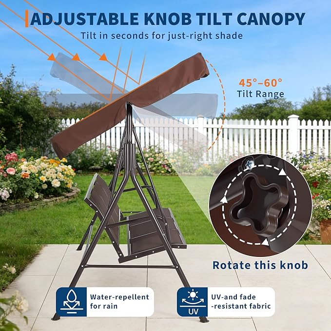 Porch Swing with Adjustable Canopy for Adults 3-Seat Outdoor Waterproof Textilene & Steel Frame Patio Swing Bench for Backyard Lawn Garden Brown