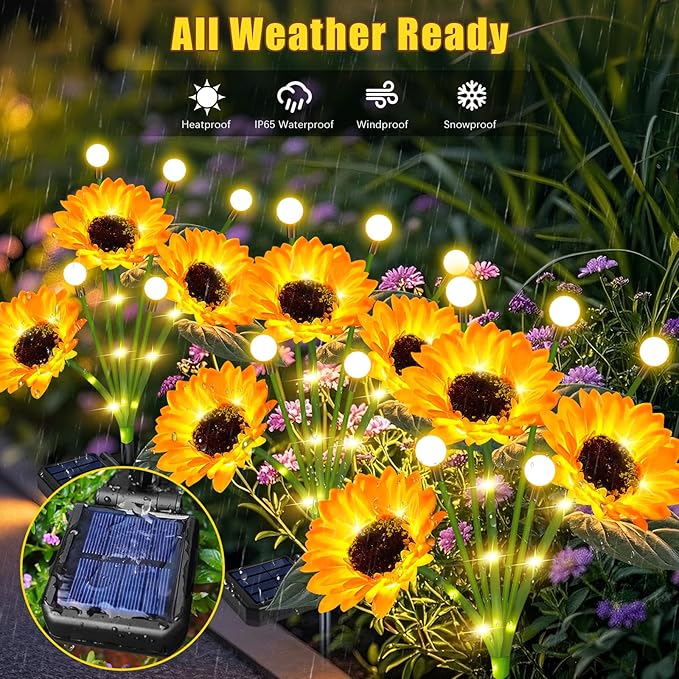 6 Pack Sunflower with Firefly Lights,Solar Lights Outdoor Garden Decor,Solar Flowers Lights Waterproof,Sunflowers Birthday Gifts for Mom Women,Decorative Stakes Fairy Lights for Yard Patio Lawn