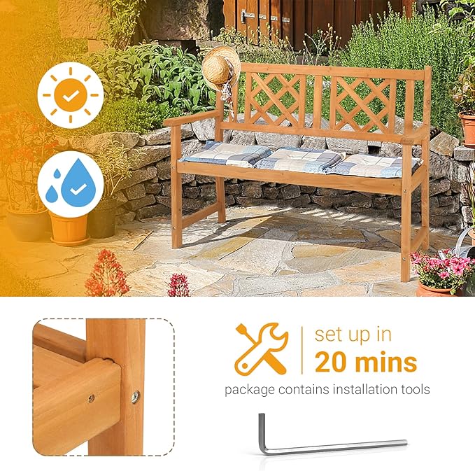 Outvita Wooden Garden Bench, Outdoor Wood Patio Bench, Rustic Two Person Loveseat Chair w/Armrest for Porch Poolside Park Backyard Balcony, Capacity 605Lbs, Grid Backrest