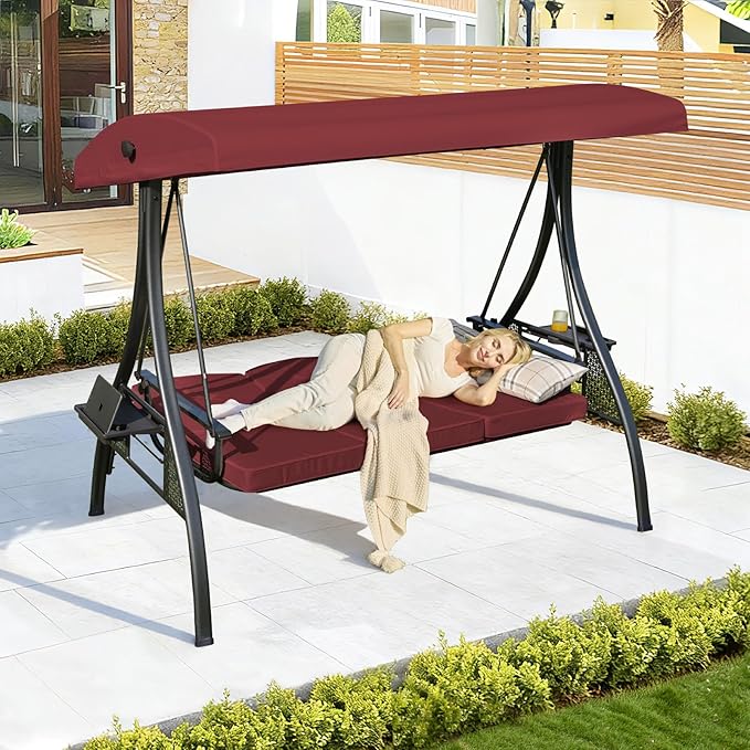 3-in-1 Convertible Outdoor Swing for Adults, Outdoor Porch Swing with Stand 800lb Bearing Capacity, 3-Seat Outdoor Swing with Canopy Adjustable, Thickened Cushions (Square, Wine Red)