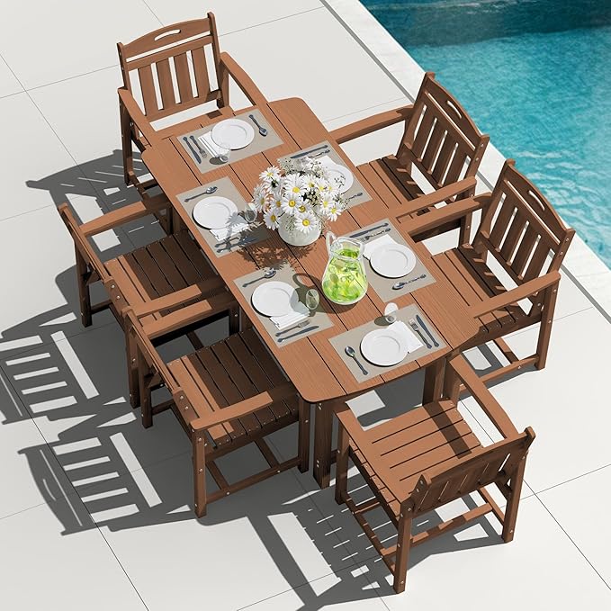 HDPE Outdoor Dining Set, Patio Table and Chairs Set, All-Weather 7-Piece Outside Table and 6 Chairs, 2" Umbrella Hole, Outdoor Furniture for Garden, Poolside, Backyard, Deck | Teak