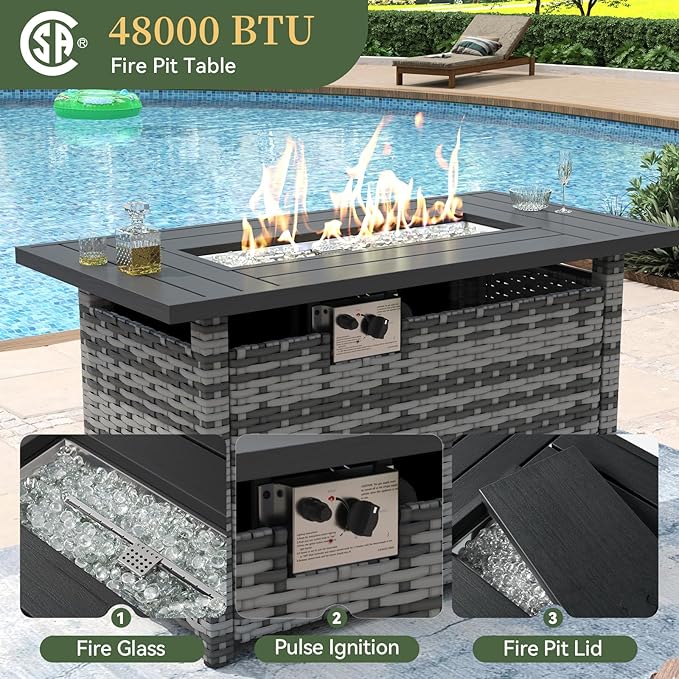 Aoxun 12 Piece Patio Furniture Set with 44” Fire Pit Table Wicker Rattan Outdoor Sectional Sofa Set with Coffee Table and Thickened Cushions, Grey/Black (Waterproof Cover Included)