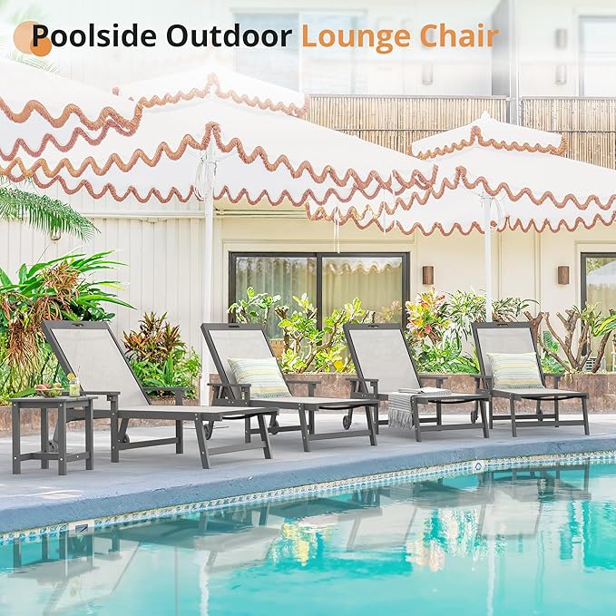 LUE BONA Chaise Lounge Chair Outdoor Set of 2, HDPS and HDPE Wicker Chaise Lounger with 5 Positions, Pool Lounge Chairs with Wheels and Adjustable Backrest for Patio, Poolside, Deck, Backyard