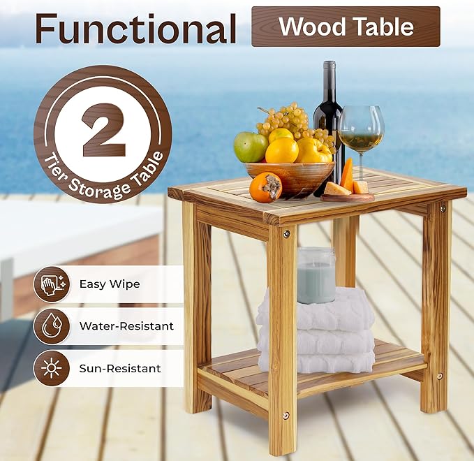 Adirondack Side Table – Weather-Resistant Rectangular End Table for Patio, Garden, Lawn, or Living Room | Indoor & Outdoor Wood Side Table, Rustic Style (NATURAL TEAK WOOD)