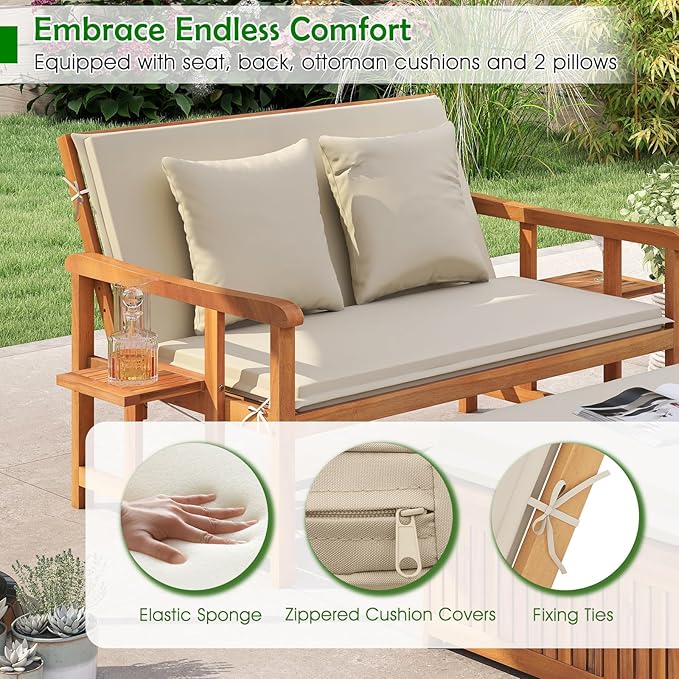 Tangkula Outdoor Acacia Wood Daybed with Storage Ottoman, Wood Patio Loveseat Sofa with 4-Level Backrest & Removable Cushions, 2 Folding Side Tables, Patio Recliner Lounger for Poolside, Backyard