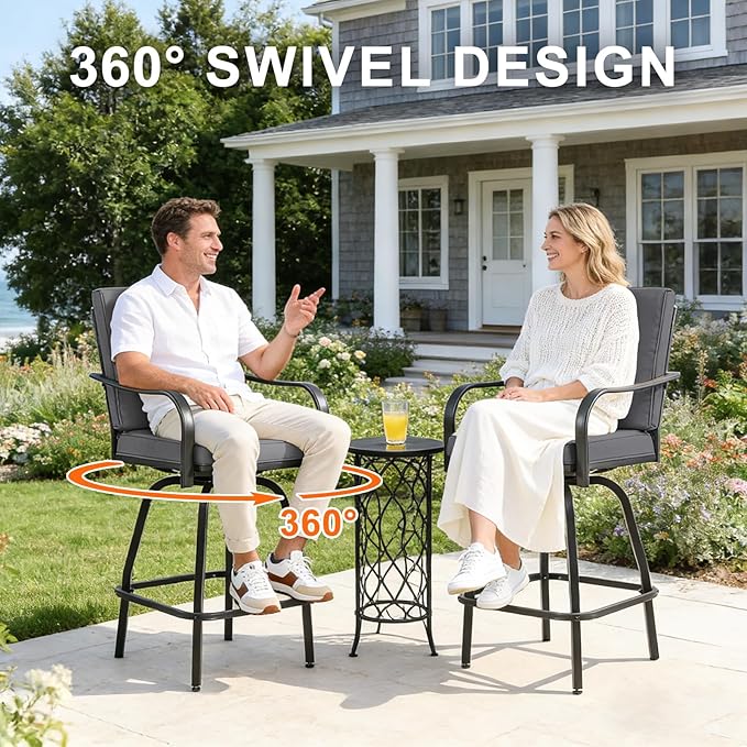 Patio Swivel Bar Stools Set of 6, Outdoor Bar Height Swivel Chairs with Cushions for Garden Balcony Backyard, Grey