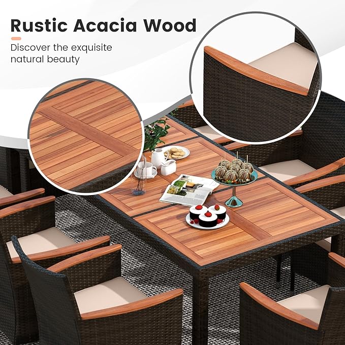 Tangkula 11 Piece Rattan Outdoor Dining Set with 15Ft Patio Umbrella for 8, Outdoor Wicker Table Set with 8 Cushioned Armchairs, Acacia Wood Top, Outdoor Umbrella with Base Included