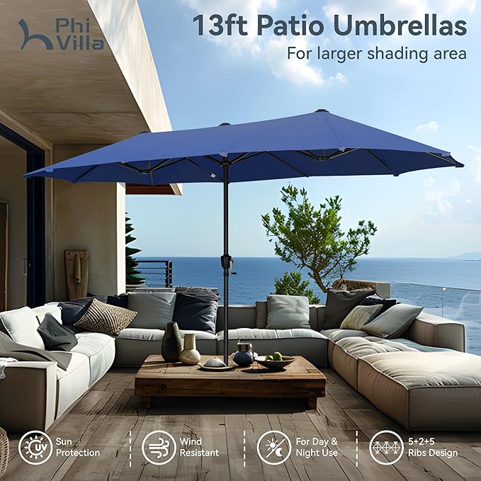 PHI VILLA 8 Piece Patio Dining Set with 13ft Patio Umbrella (Haze Blue), 6 Outdoor Swivel Dining Chairs with Round Base & 1 Large Metal Dining Table with 1.9" Umbrella Hole, for Lawn Garden Backyard