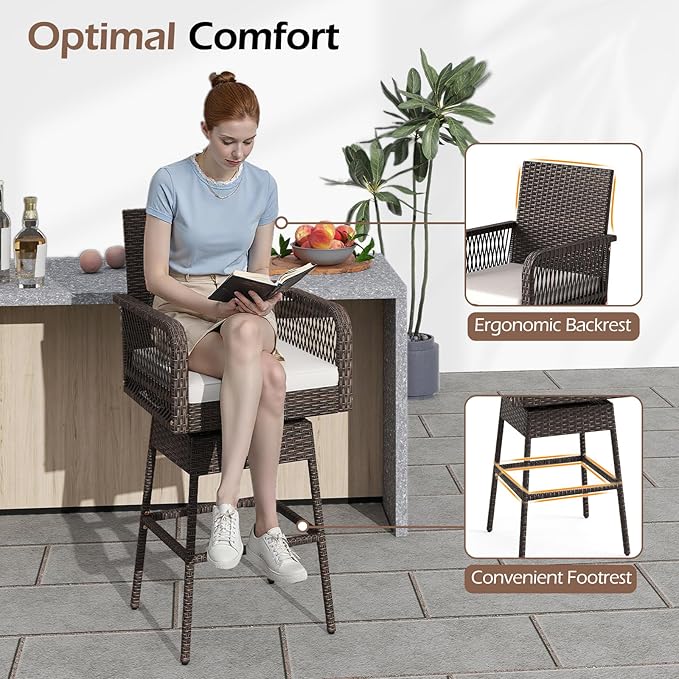ORALNER Outdoor Wicker Swivel Bar Stools Set, 29" Bar Height Patio Rattan Dining Chair with Armrests, Footrest & Seat Cushion, Metal Frame, for Backyard, Porch, Poolside, Deck (1, White)