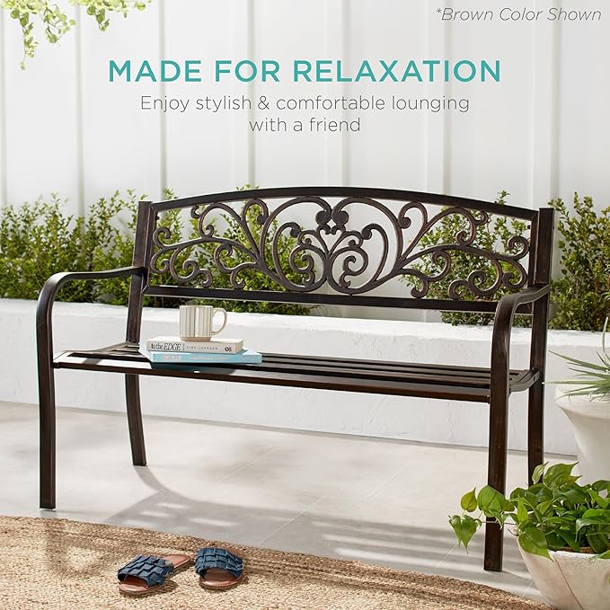 Best Choice Products Outdoor Bench Steel Garden Patio Porch Furniture for Lawn, Park, Deck w/Floral Design Backrest, Slatted Seat - Carrot