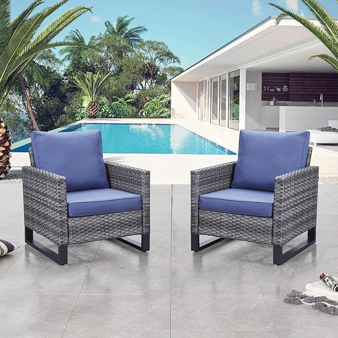 Belord Oversize Patio Chairs Set of 2 Outdoor Wicker Dining Chairs, All-Weather Rattan Patio Club Chair Furniture Sets with Water-Resistant Cushion Anti-Rust Frame Blue