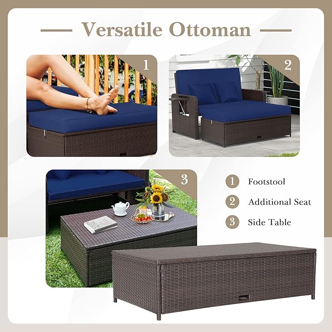 HAPPYGRILL Patio Rattan Wicker Daybed with Loveseat & Storage Ottoman, Outdoor Lounge Sofa Furniture Set with Adjustable Backrest & Side Trays, for Poolside Deck Porch Lawn (Mix Brown & Navy)