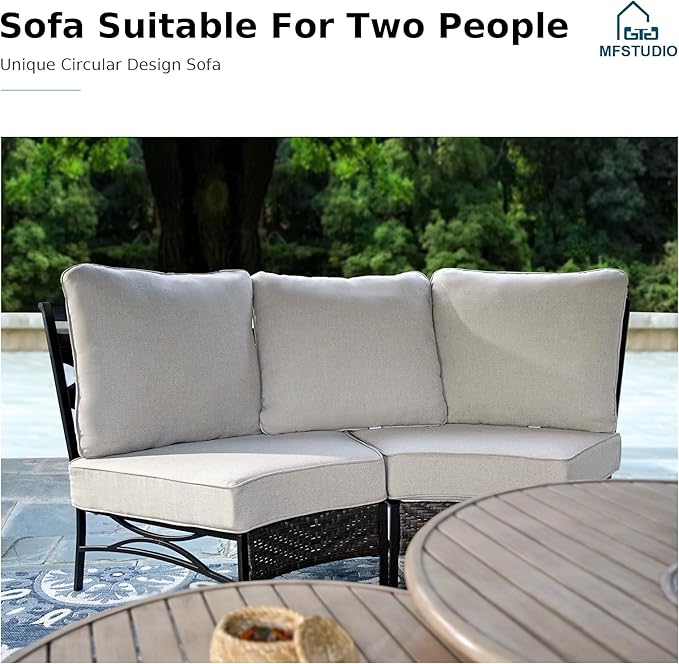 MFSTUDIO Patio Furniture Set, 10 Seats Half-Moon Curved Outdoor Sectional Sofa Conversation Set with 2 Wood-Like Round Table, Woven Rattan Patio Couch for Backyard, Garden, Deck