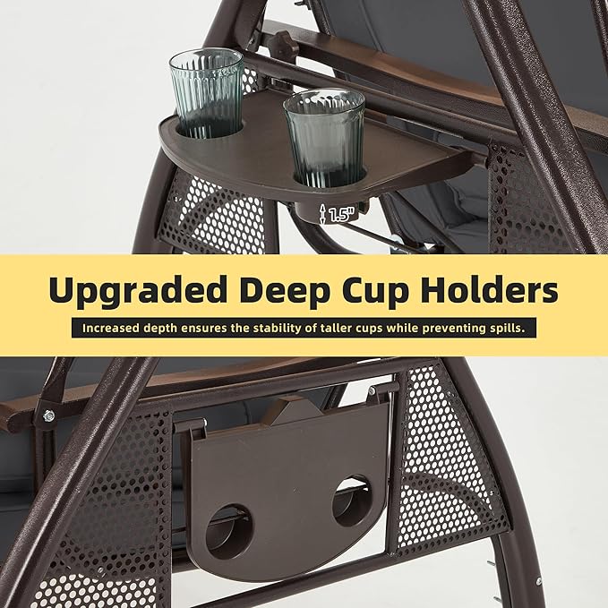 HOMREST 3 Person Outdoor Porch Swing with 1.5" Upgraded Cup Holder, Adjustable Canopy, Backrest, Patio Swing Bed with Weather Resistant Steel Frame, Cushions for Garden,Deck and Poolside(Grey)