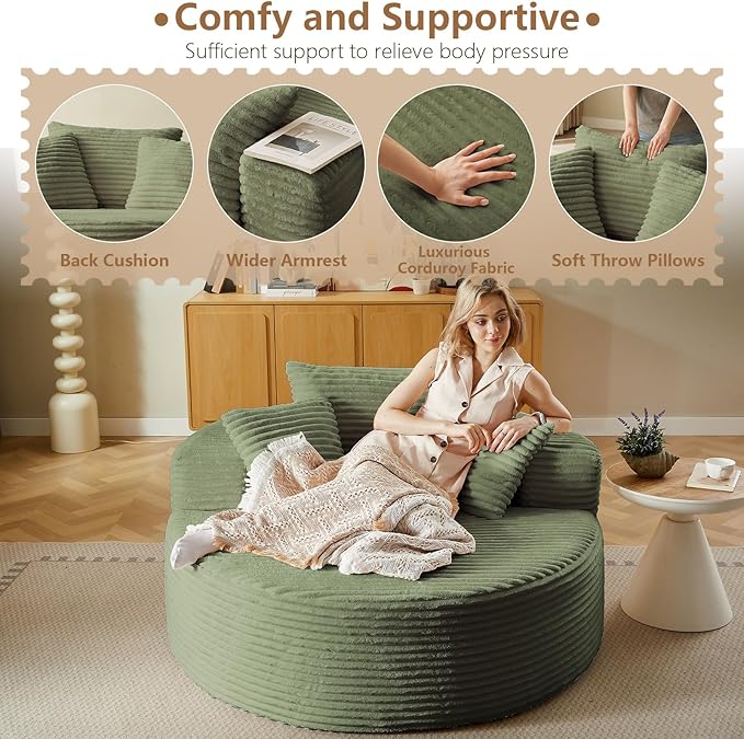 Oversized Round Chair Lounge Chaise Indoor, Upholstered Corduroy Deep Seat Cloud Large Circle Sofa Chair, No Assembly Required, Fluffy Modern Sleeper Sofa Bed for Reading, Living Room, Bedroom, Green