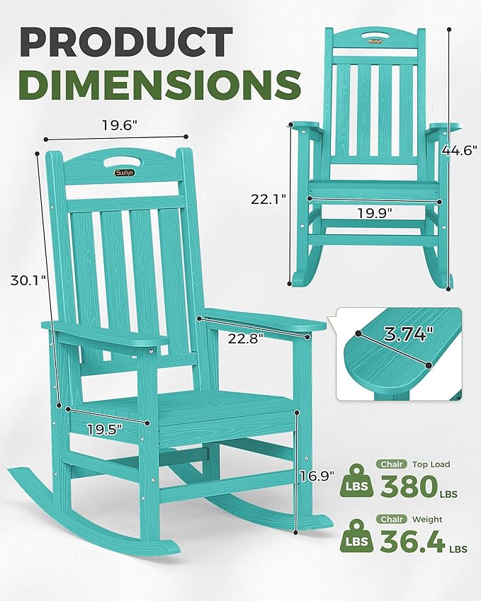 Oversized Rocking Chairs Outdoor Set of 4, High Back Porch Rocking Chair, HDPE All Weather Resistant Patio Chairs, 380lbs Weight Capacity, Lake Blue