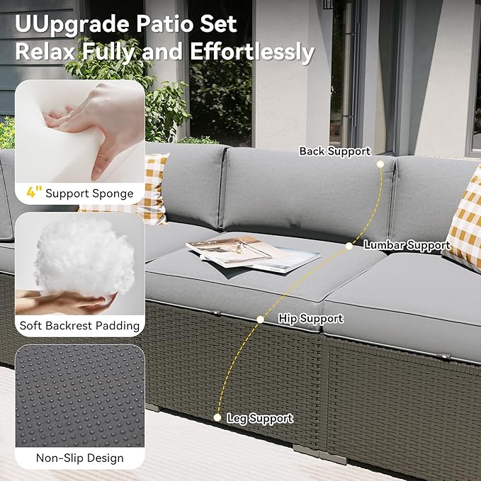 Aoxun Patio Furniture Set, 7 Piece Outdoor Sectional Sofas with Waterproof Cover, Wicker Rattan Outdoor Furniture Patio Conversation Set for Backyard, Garden Light Grey