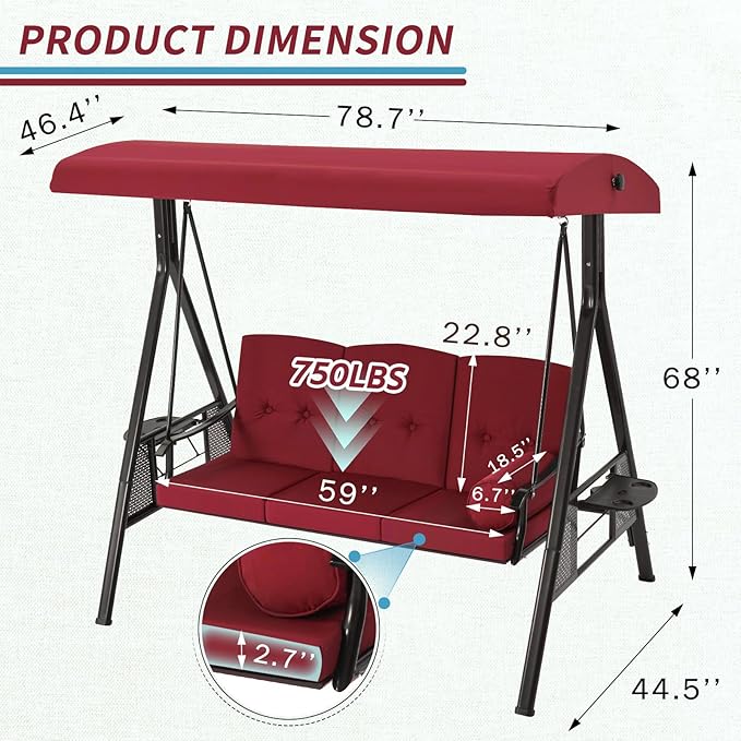 AECOJOY Outdoor Porch Swing with Cover, 3-Seat Patio Swings with Adjustable Canopy, Outside Swing for Adult with Burgundy Removable Cushions for Backyard, Garden, Yard, Poolside, Balcony