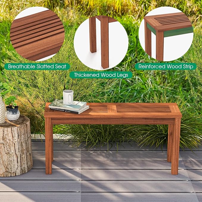 Tangkula Patio Wood Bench, 2-Person Solid Wood Bench with Slatted Seat, 39.5” Long Loveseat with Stable Wood Frame, Indoor Outdoor Dining Bench for Backyard, Poolside, Entryway (2)