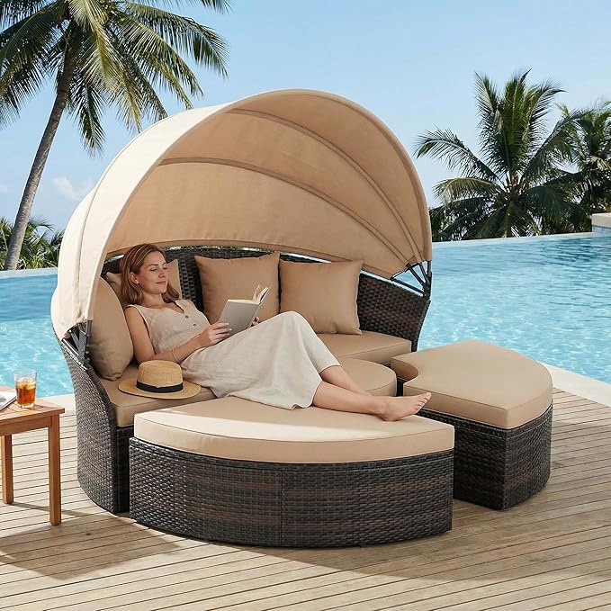Outdoor Patio Daybed with Retractable Canopy, Wicker Rattan Sectional Round Sofa Furniture Set, 5 Pieces Seating Separates Cushioned Seats for Lawn Garden Backyard Porch Pool, Brown