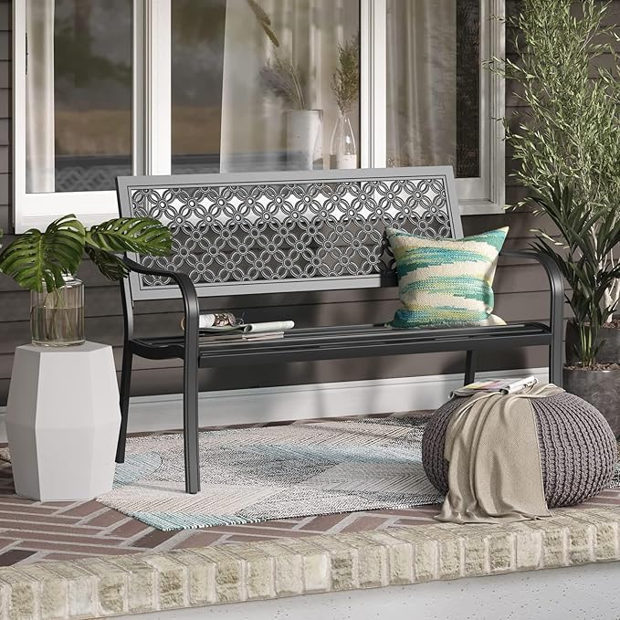 Grand patio 50" Outdoor Bench, Garden Benches with Anti-Rust Metal Powder Coated Frame, Patio Bench for Front Porch Park Outside Furniture Decor, Black