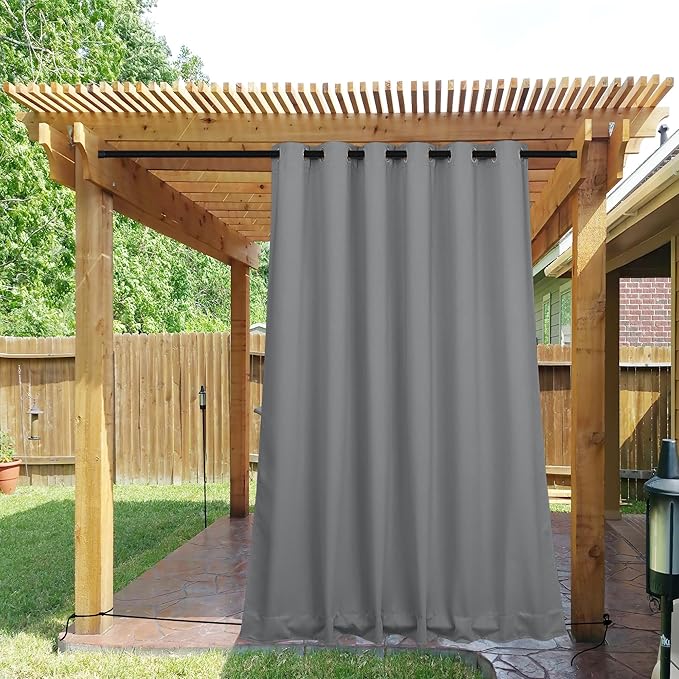 NICETOWN 2 Panels Outdoor Curtains for Patio Waterproof & Windproof, Grommet & Back Tab on Top & Bottom Weighted Drapes Keep Sun/Rain Out with Bouns Rope for Deck, Light Grey, W84 x L95