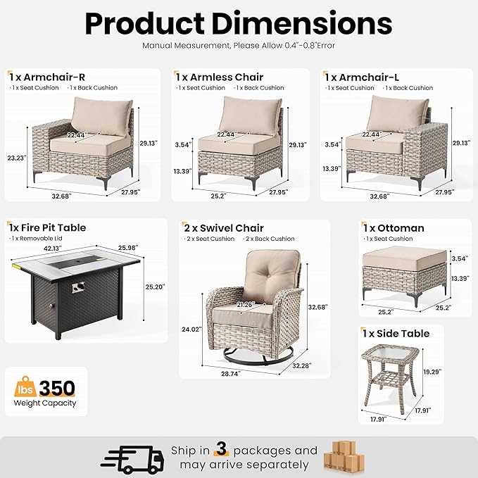 ovios 8-Piece Patio Furniture Set with L-Shape Sofa Chaise, Outdoor Sectional Couch Swivel Gliders Fire Pit Table, Modern Modular Wicker Rattan Conversation Set, Beige