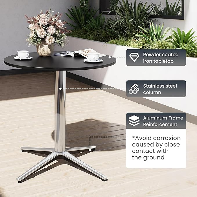 PHI VILLA 5 Pieces Outdoor Small Dining Set for 4, 30" Round Metal Pedestal Table with & Brown Wicker Chairs with Cushions, Modern Outside Dining Bistro Furniture for Patio, Deck, Backyard, Porch