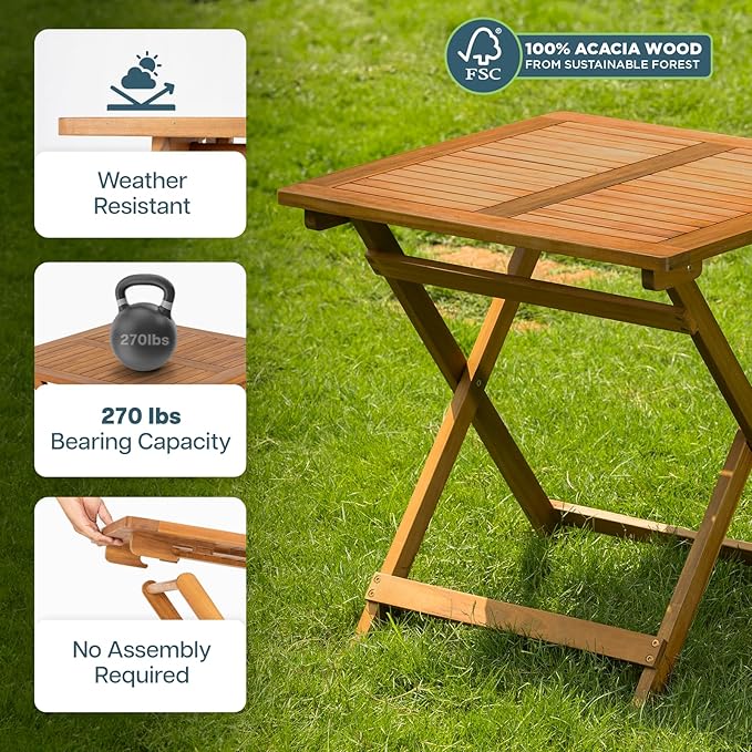 IDZO Legolas FSC Acacia Wooden Folding Table, Heavy Duty 270lbs Capacity, Elegant & Rustic Design for Garden, Backyard, Porch, Patio, Easy Assembly