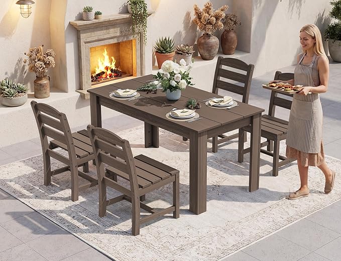 SERWALL Outdoor Dining Sets for 6, HDPE Dining Sets with 1 Umbrella Hole Cut-Out Rectangular Table and 4 Armless Chairs and 2 Armchairs, Patio Dining Sets, Coffee