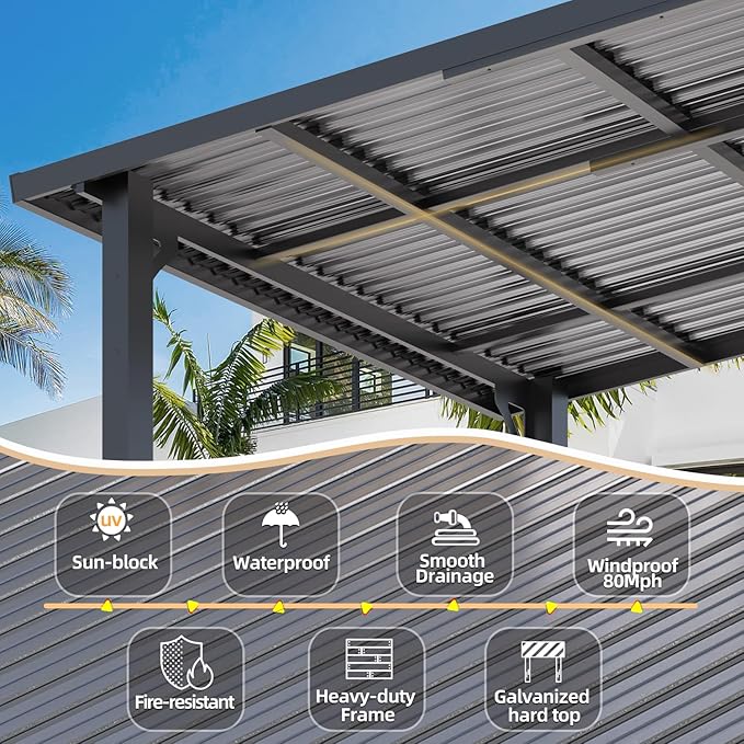 AECOJOY 8' x 20' Outdoor Hardtop Metal Gazebo for Patio, Large Lean to 20x8 Galvanized Steel Wall Mounted Pergolas and Grill Gazebos Clearance, Patio Roof Heavy Duty Metal Awnings for Backyard, Decks