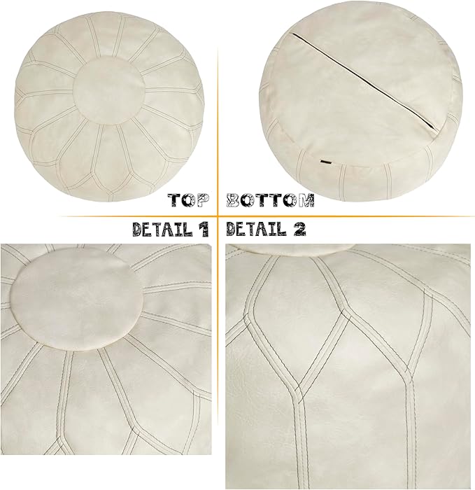 Thgonwid Unstuffed Moroccan Faux Leather Pouf Ottoman with Storage - Handmade Boho Chic Multi-Use Footrest for Living Room, Bedroom, Patio - Round Ethnic Floor Cushion & Decorative Accent, Ivory