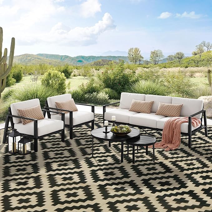 SAND MINE Reversible Mats, Plastic Straw Rug, Modern Area Rug, Large Floor Mat and Rug for Outdoors, RV, Patio, Backyard, Deck, Picnic, Beach, Trailer, Camping, Black & Beige, 10' x 14'
