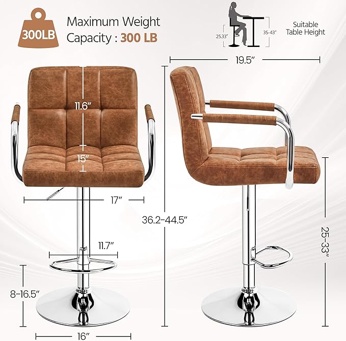 Yaheetech Bart Stools Set of 4, PU Leather Adjustable Barstools with Armrest, Counter Height Stool Chairs with Thickened Seat Cushion for Kitchen Island, Retro Brown