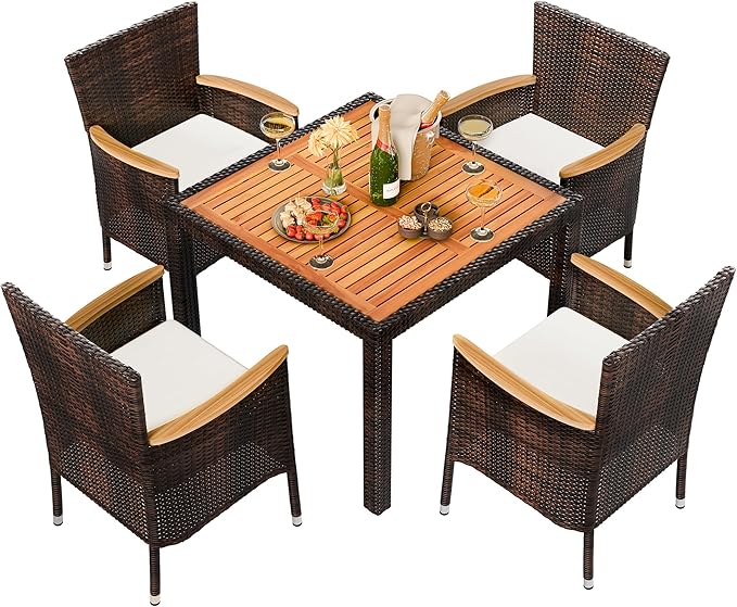 Shintenchi 5 PCS Patio Dining Set, Wicker Outdoor Table and Chairs with Soft Cushions, Patio Furniture Set with Wood Table Top for Backyard, Deck and Garden, Brown Rattan
