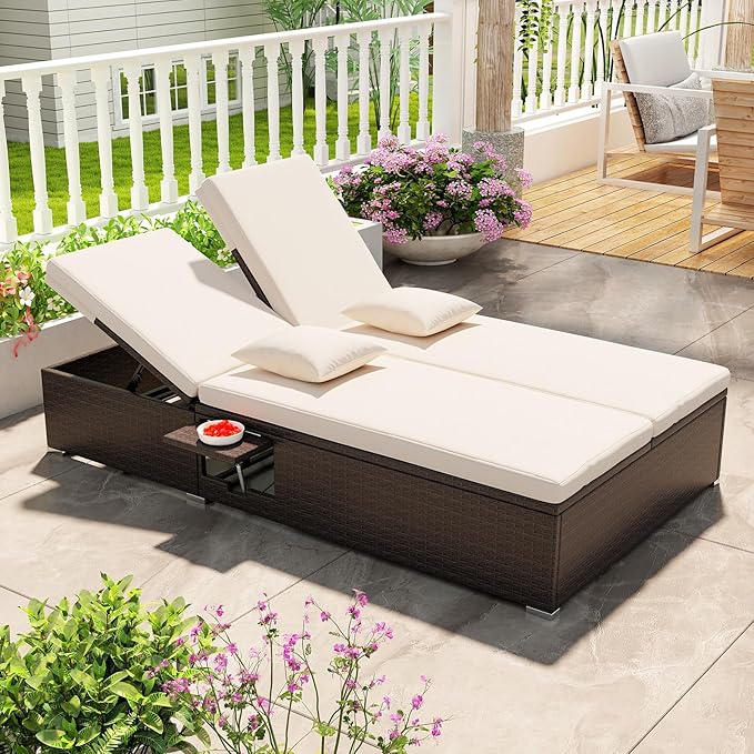 Tangkula Outdoor Rattan Daybed with 6-Level Adjustable Backrests, 2-Person Adjustable Wicker Recliner Bed with Cushions & Folding Side Trays, Double Sunbed Lounger for Balcony, Backyard & Poolside