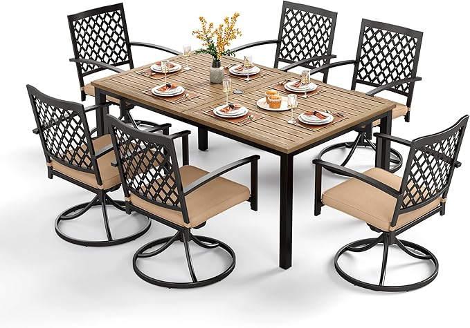 PHI VILLA 7 Pieces Outdoor Dining Set for 6, 65" Rectangle Metal Wood-Like Steel Table with Umbrella Hole & Swivel Wrought Iron Chairs, Outside Furniture Set for Patio, Deck, Yard, Porch