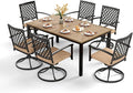 PHI VILLA 7 Pieces Outdoor Dining Set for 6, 65" Rectangle Metal Wood-Like Steel Table with Umbrella Hole & Swivel Wrought Iron Chairs, Outside Furniture Set for Patio, Deck, Yard, Porch