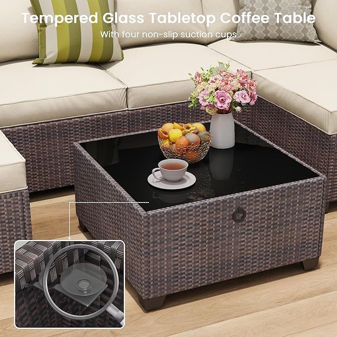 Outdoor Patio Furniture Set with 28'' Fire Pit Table, 8 Pcs Outdoor Patio Furniture Conversation Sets with 4in Thicken Cushion, Wicker Outdoor Sectional for Backyard, Garden, Balcony,Deck, Brown/Beige