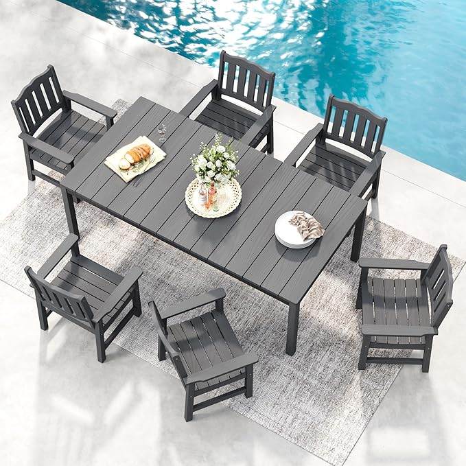 Stoog All-Weather Patio Dining Sets, 7 Pieces Patio Dining Table with Umbrella Hole, Waterproof Aluminum Frame Dining Table with 6 Outdoor Chairs Set, Low Maintenance, Grey