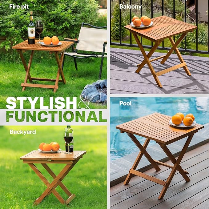 Idzo Mira Acacia Wood Folding Bistro Side Table Outdoor, 19.5 Inch x 19.5 Inch, Heavy Duty 200 Lbs Capacity Loading, Space-Saving for Garden & Balcony, No Assembly