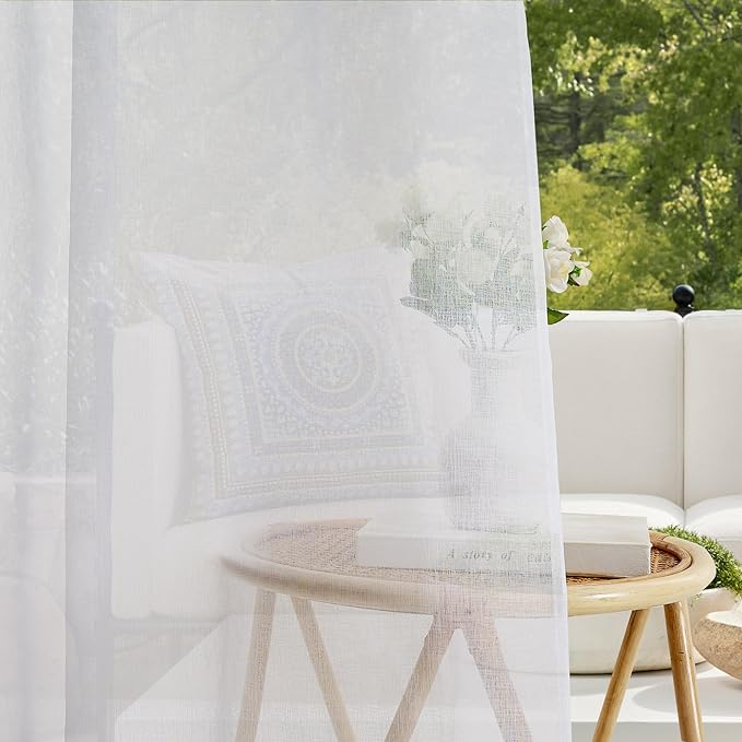 RYB HOME 2 Panels Porch Curtains Outdoor - Linen Look White Sheer Drapes Waterproof, Sun Light Glare Filter Panels for Outside Wedding Lanai Patio Balcony Terrace, W 54 x L 120 inch