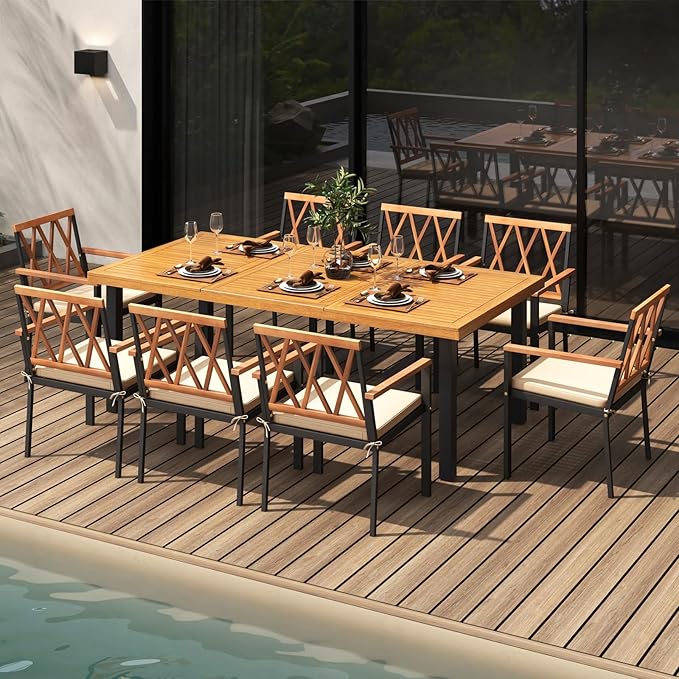 Tangkula 9 Pieces Patio Dining Set, Outdoor Acacia Wood Table and Chairs with Soft Cushions and 1.9” Umbrella Hole, Outdoor Patio Furniture Set for Garden, and Backyard