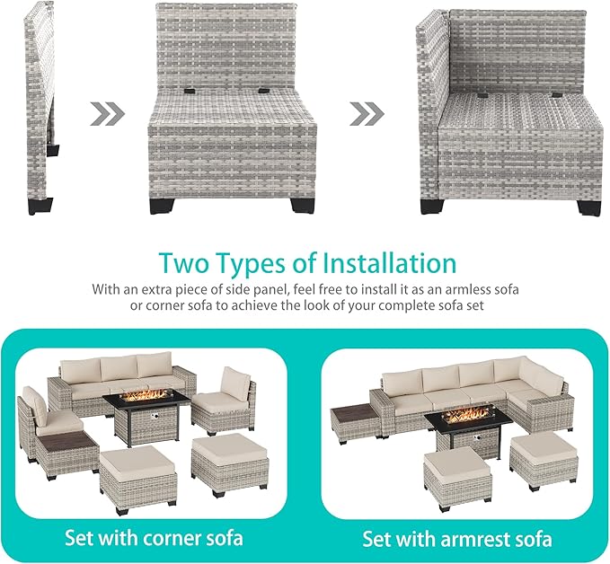 9-Piece Outdoor Patio Furniture Set with 55,000 BTU Fire Pit Table, PE Wicker Rattan Sectional Sofa Patio Conversation Set with Ottomans & Coffee Table, White